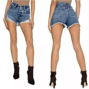 Good American Bombshell Jean Shorts Size 4/27 Blue 153 Button Fly Denim Frayed